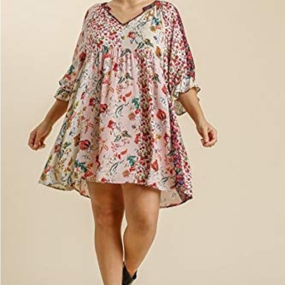 Umgee Women's Floral Mixed Print Puff Sleeve Dress Size Large